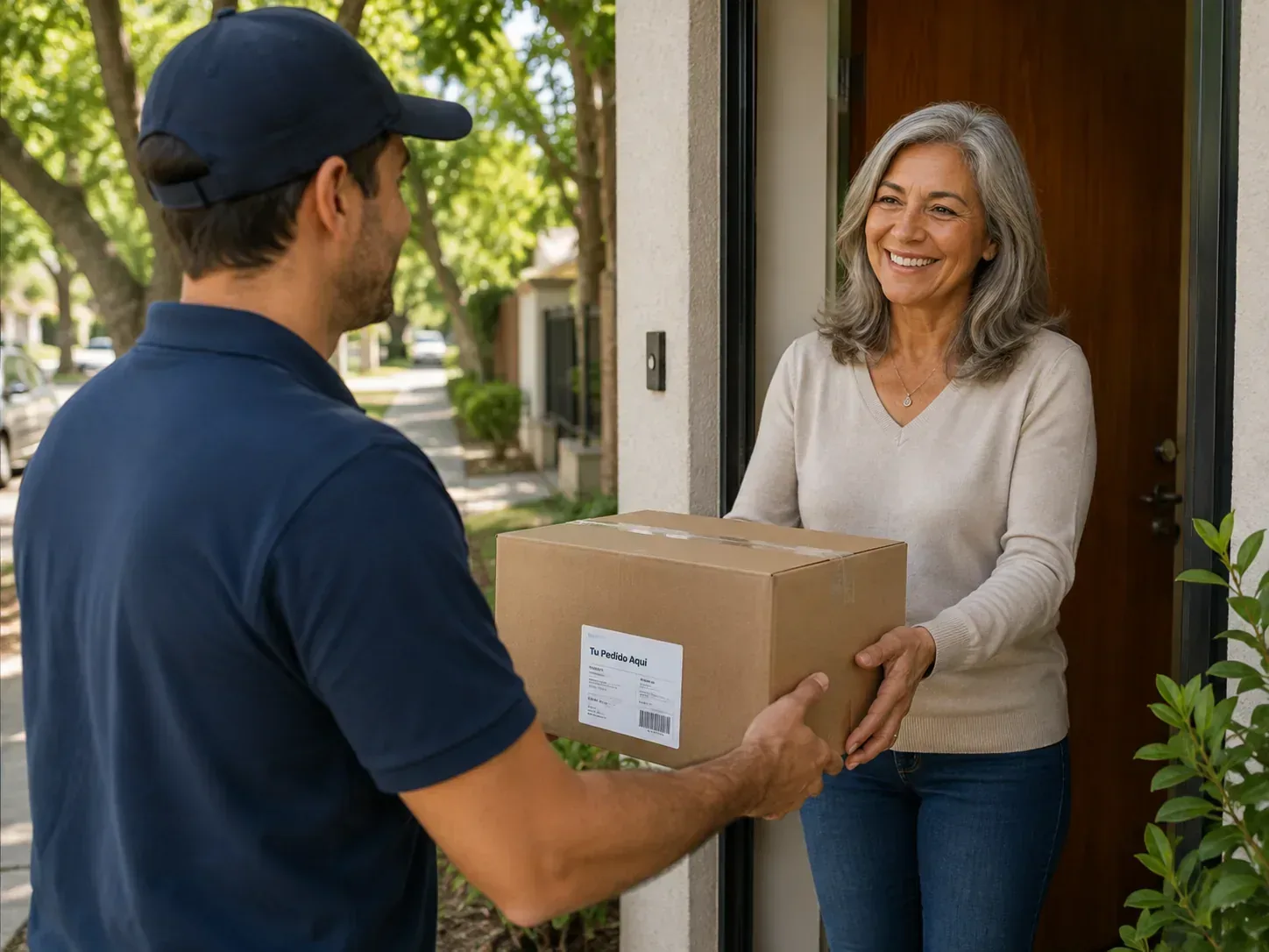 Cliente recibiendo el paquete en la puerta de su casa