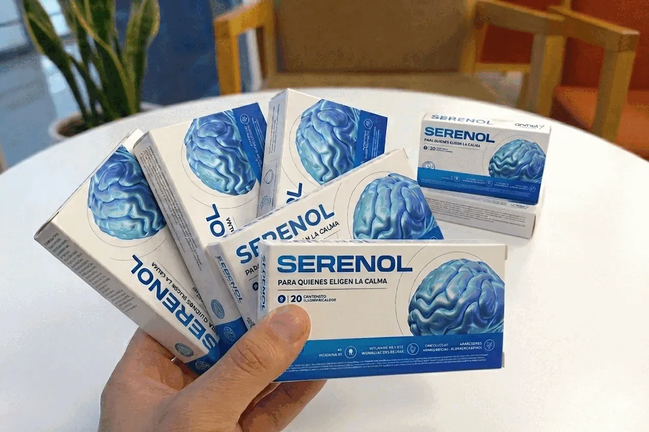 Caja de Serenol y blíster de comprimidos en una mano