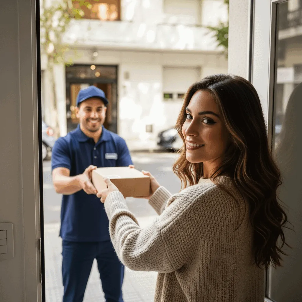 Persona recibiendo su pedido en la puerta de su casa