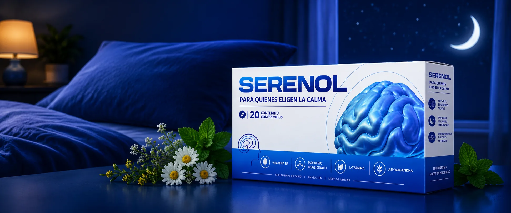 Caja de Serenol en un ambiente nocturno de descanso